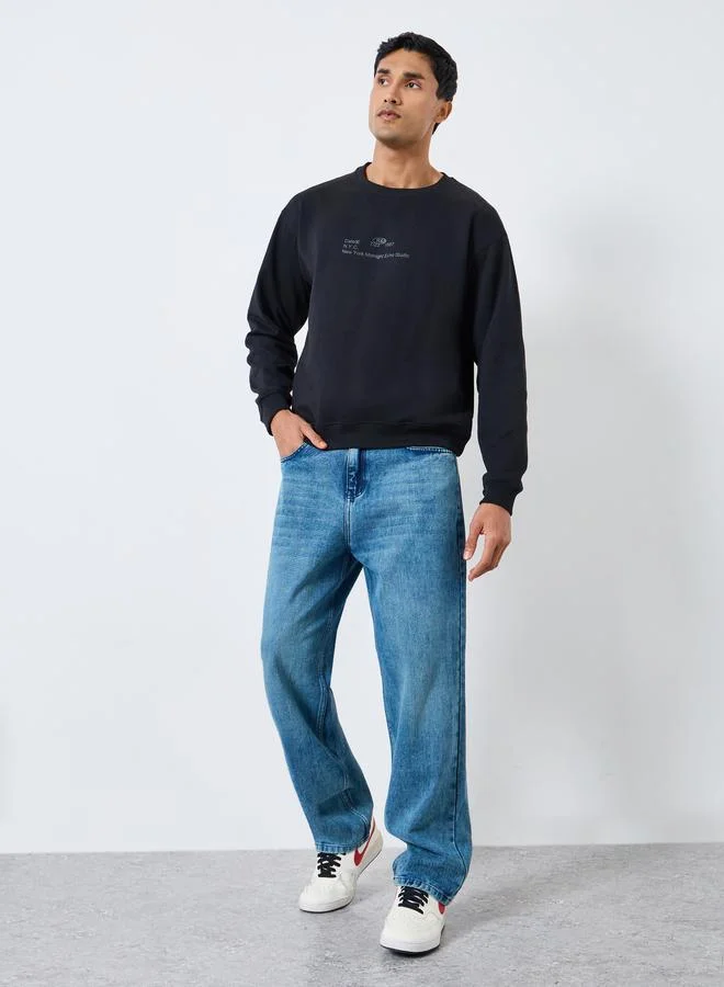 Styli Men Black Placement Print Sweatshirt